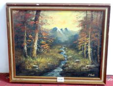 An oil on board, sunset forest landscape, signed P Hanck