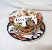 A Royal Crown Derby soup bowl, plate and cover