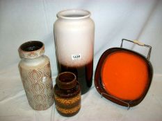 3 German pottery vases and a German pottery dish
