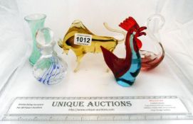 3 art glass animals, a perfume bottle and a vase