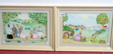 2 framed watercolours 'Rabbit Wedding' signed M Kirk