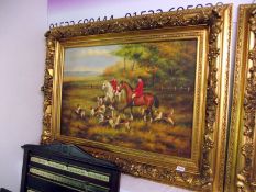 A gilt framed oil on canvas hunting scene