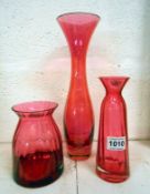 3 cranberry glass vases