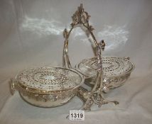 A silver plated double muffin dish