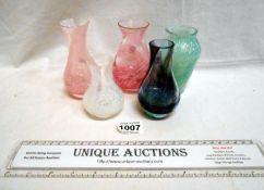 5 small art glass vases, various colours