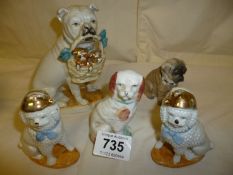 5 early 19th century bisque and Staffordshire dogs