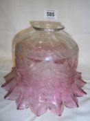 A Victorian acid etched cranberry glass lampshade, a/f