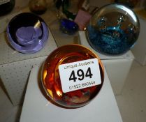 3 Caithness paperweights being 'Quintesence', 'White Rose' and 'Red Poppy'