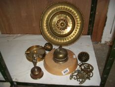 A mixed lot of brassware including shop bell