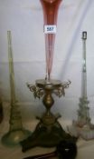 A silver plate and glass table centrepiece, 2 glass trumpets and one other item