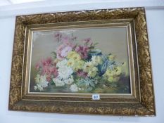 A gilt framed oil on canvas of Chrysantemums initialled A H B (some paint flaking)