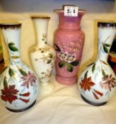 A pair of hand painted opaque glass  vases and two others