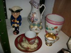 A mixed lot including a jardiniere, jug, teacups etc