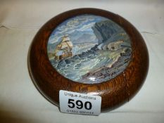 A Victorian pot lid in oak frame "The Chin Chew River" (frame a/f)