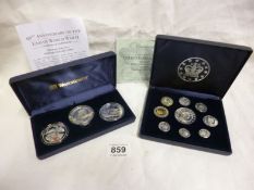 A 2002 UK pattern silver Euro coin collection and a set of 3 60th anniversary of end of WW2 silver