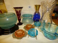 10 items of coloured glass including salts,vases etc