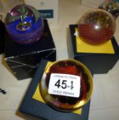 3 Caithness paperweights being 'Fire', 'Helium' and 'Polka'