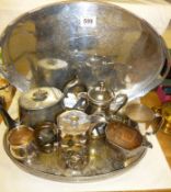 2 silver plates gallery trays, a silver plated teapot, tankard and other items (8 items in total)