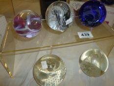 5 glass paperweights including Caithness