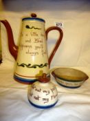 A Torquay Motto ware coffee pot, inkwell and bowl