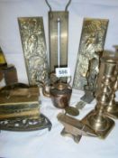 A Miniature copper kettle, brass candlesticks, Jam thermometer etc. 12 items in total