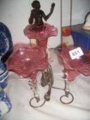 A Cranberry glass and silver plated 3 trumpet epergne