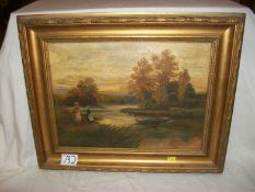 A lake scene signed F M Thomas 1909, oil on canvas