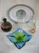 2 cut glass vases, an Art glass bowl, German vase, small ewer and a Royal Albert platter