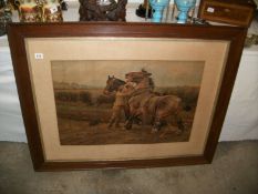 A large oak framed print of horses