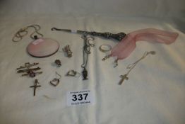A silver handled button hook, silver pendants, Victorian bar brooches, ring etc