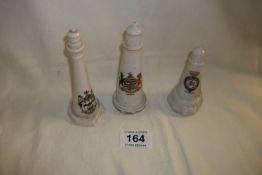 3 crested china lighthouses, Spurn Point, Isle of Man and Southport
