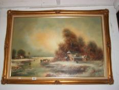 An oil on canvas 'Winter Scene' signed H Pichaska, 90cm x 60cm