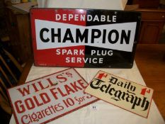 3 enamel signs being Champion Spark Plugs, Will's Gold Flake and The Daily Mail
