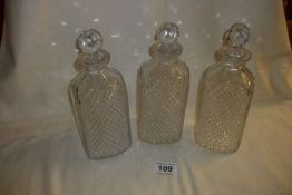3 cut glass spirit decanters