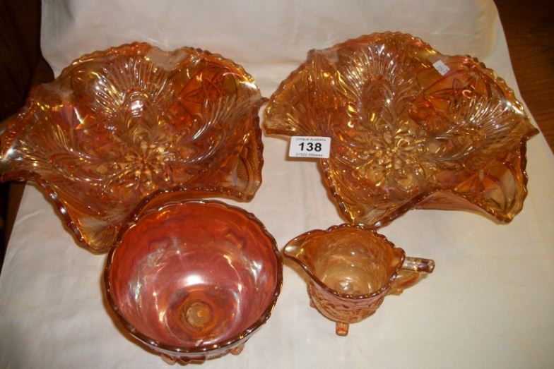 2 large carnival glass bowls, a sugar bowl and milk jug