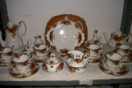 32 Pieces of Royal Albert Old Country roses teaware including teapot and coffee pot