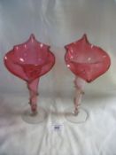 A pair of Victorian cranberry glass 'Jack in the Pulpit' vases,  25cm