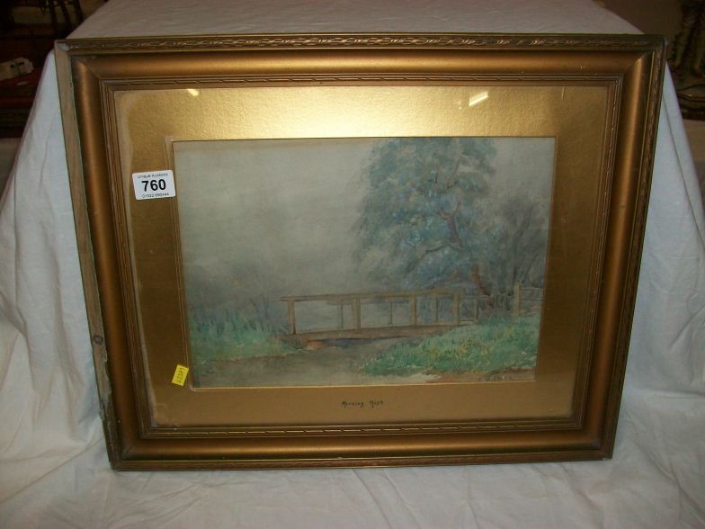 A framed and galzed watercolour "Morning Mist" singed J H Laver