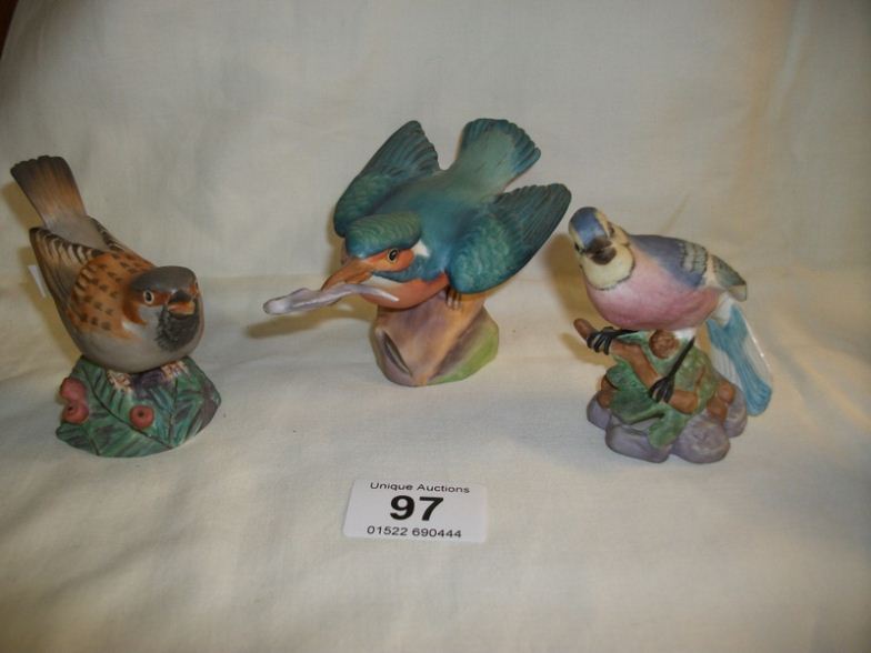 A Royal Worcester Kingfishers, Blue Jay and sparrow