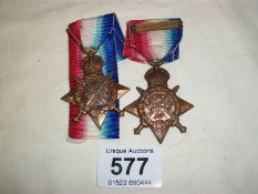 2 x 1914 stars, 37848 Dvr R E Webster RFA and 2053 Pte G Burras, W Yorks Rgt