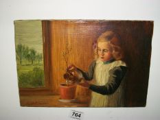 An oil on canvas, Girl watering plant signed R Hutchinson