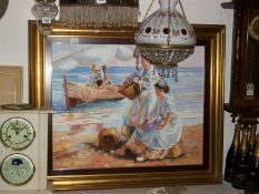 An oil on canvas beach scene signed H Bolom?, overall size 100 x 87cm