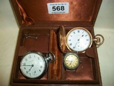 2 old pocket watches, a watch head and a  jewellery box