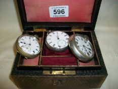 3 old pocket watches and a jewellery box