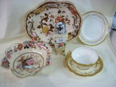 2 Mason's bowls, A Minton soup bowl and saucer, A Coalport plate and a 1930's sugar caster