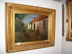 A guilt framed Scottish Crofter painting of a lady outside a cottage with a parrot.