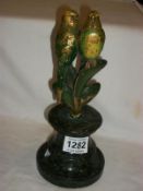 A cold painted bronze being 2 budgies on marble base
