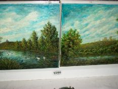 2 small oils on canvas, 'Lincoln Cathedral from river' and 'Lincoln from the east' by S Bonney