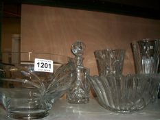 2 large glass bowls, 2 glass vases and a decanter