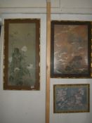 A Japanese silk picture and 2 Japanese prints